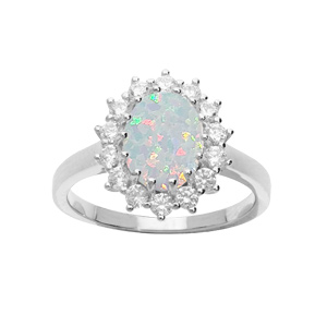 Bague en argent rhodié fleur d’Opale blanche de synthèse et oxydes blancs sertis