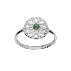 Bague en argent rhodié fleur ajouré avec Jade vert véritable