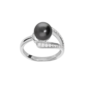 Bague en argent rhodié Perle de culture de Tahiti véritable entourée d’oxydes blancs sertis