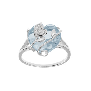 Bague en argent platiné coeur avec volute et oxyde bleu ciel