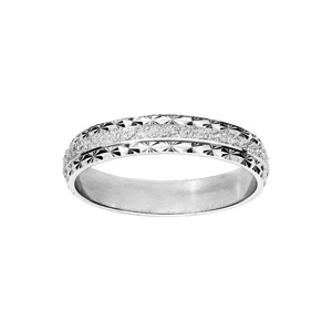Alliance en argent rhodié granitée et diamantée avec bord étoile largeur 4mm