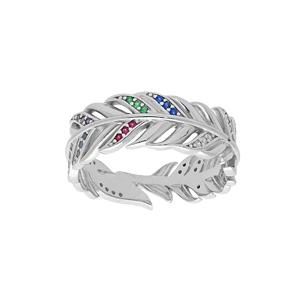 Bague en argent rhodié plume 7mm et oxydes multi couleurs