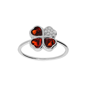 Bague en argent rhodié trèfle et coeur 10 mm avec oxydes rouge