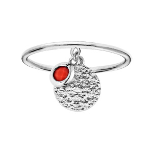 Bague en argent rhodié avec pampilles couleur corail et pastille antique