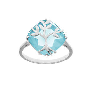 Bague en argent platiné avec oxyde bleu ciel et arbre de vie