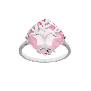 Bague en argent platiné avec oxyde rose et arbre de vie