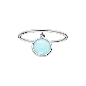 Bague en argent rhodié avec pampille pierre facetée ronde serti clos couleur bleue