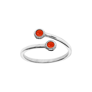 Bague en argent rhodié croisée avec pierre couleur corail