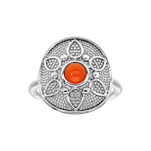 Bague en argent rhodié forme ronde motif fleur avec pierre couleur corail