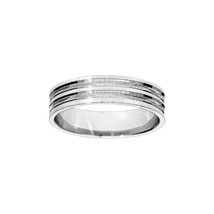 Alliance en argent rhodié 5mm avec 2 bandes ciselées et liseret au milieu et bords brillants