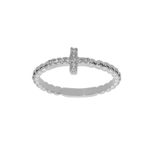 Bague en argent rhodié boules avec croix et oxydes blancs sertis