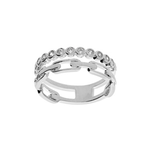 Bague en argent rhodié 2 rangs avec oxydes blancs sertis et maille rectangulaire