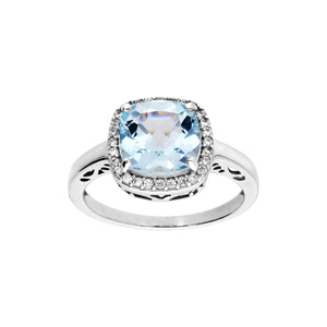 Bague en argent rhodié massif collection joaillerie Topaze véritable bleue carrée et contour oxydes blancs sertis