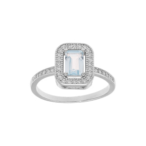Bague en argent rhodié massif avec pierre carré Topaze bleue véritable et contour d’oxydes blancs sertis