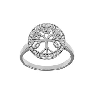 Bague en argent rhodié motif arbre de vie celtique 14mm contour oxydes blancs sertis