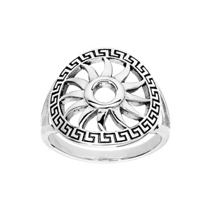 Bague en argent rhodié soleil et motif méandre