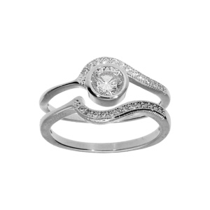 Bague en argent rhodié double vague avec oxydes blancs sertis