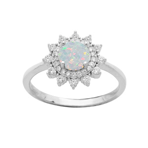 Bague en argent rhodié étoile avec Opale blanche de synthèse contour oxydes blancs sertis