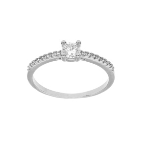Bague en argent rhodié solitaire avec rails d'oxydes blancs sertis et 1 oxyde blanc serti griffe