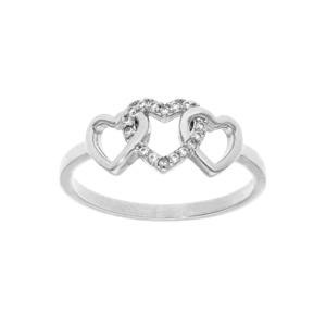 Bague en argent rhodié 3 coeurs entrelacés lisse et avec oxydes blancs sertis