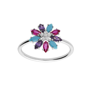 Bague en argent rhodié avec fleur oxydes multi couleurs