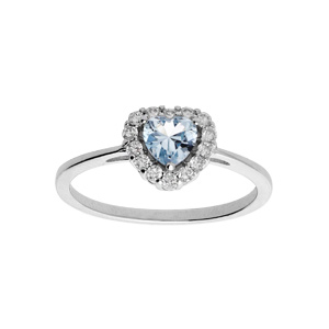 Bague en argent rhodié forme coeur en oxyde bleu ciel et contour oxydes blancs