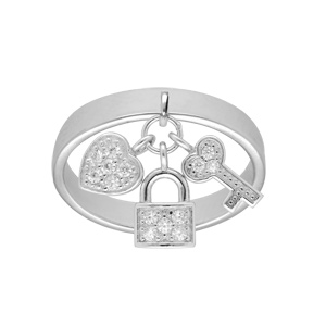 Bague en argent rhodié anneau ruban avec breloques cadenas coeur clefs et oxydes blancs