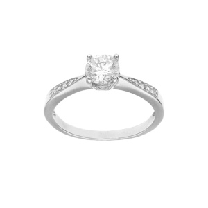 Bague en argent rhodié solitaire avec oxydes blancs sertis et 1 oxyde blanc serti griffe
