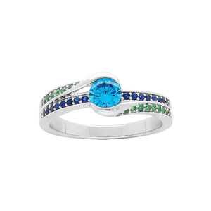 Bague en argent rhodié rail d'oxydes bleus et verts avec oxyde bleu au centre