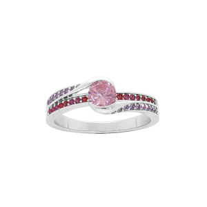 Bague en argent rhodié rail d’oxydes roses et violets avec oxyde rose au centre