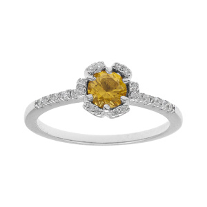 Bague en argent rhodié fleur avec oxydes couleur jaune et blancs sertis