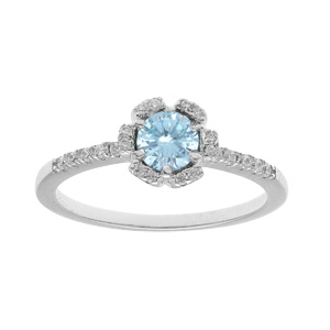Bague en argent rhodié fleur oxydes bleu clair et blancs sertis
