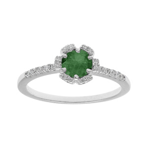 Bague en argent rhodié fleur en oxydes vert foncé et blancs sertis
