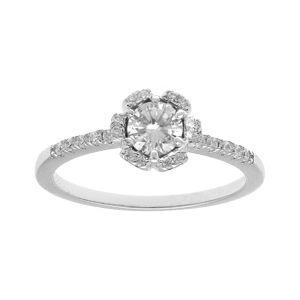 Bague en argent rhodié fleur oxydes blancs sertis