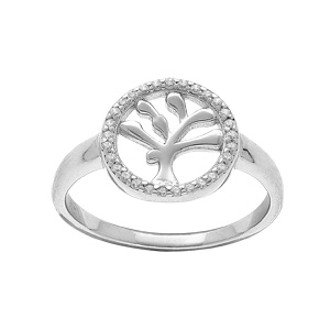 Bague en argent rhodié arbre de vie avec pourtour d'oxydes blancs sertis