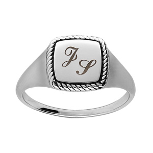 Chevalière en argent rhodié plateau carré et contour perlé