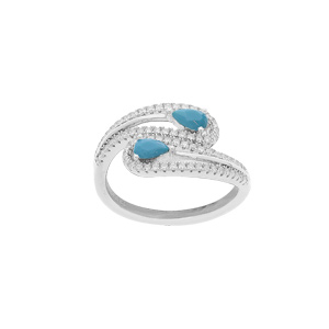 Bague en argent rhodié double goutte turquoises d’imitation et oxydes blancs sertis