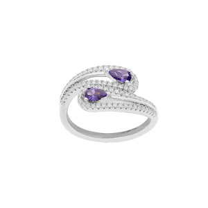 Bague en argent rhodié double goutte oxydes violets et oxydes blancs sertis
