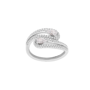 Bague en argent rhodié double goutte oxydes blancs et contour oxydes blancs sertis
