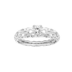 Bague en argent rhodié jonc ciselé avec oxyde blancs serti 4 griffes