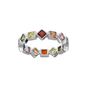 Bague en argent rhodié forme géometrique avec carré d’oxydes multi couleurs