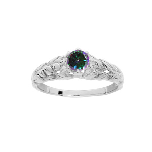 Bague en argent rhodié solitaire mystique arc en ciel et feuillage