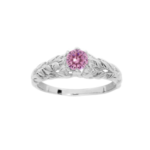 Bague en argent rhodié solitaire 5mm en oxyde rose et feuillage