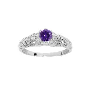 Bague en argent rhodié solitaire 5mm en oxyde violet et feuillage
