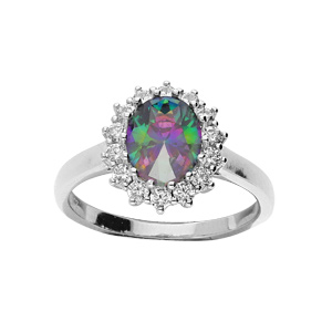 Bague en argent rhodié gros oxyde mystique arc en ciel et contour oxydes blancs