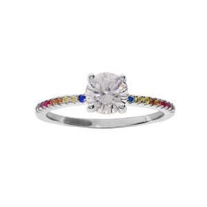 Bague en argent rhodié demi rail d'oxydes multi couleur et oxyde blanc serti