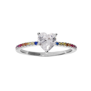 Bague en argent rhodié demi rail d'oxydes multi couleur et oxyde blanc serti forme cœur