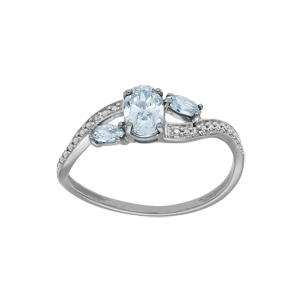 Bague en argent platiné ruban croisé avec oxydes bleu ciel et blancs sertis