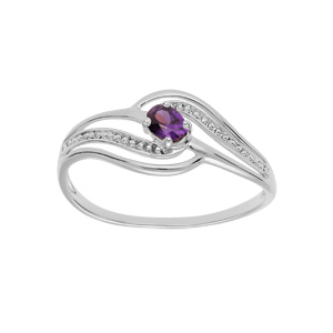 Bague en argent platiné volute avec oxydes violet et blancs sertis