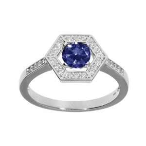Bague en argent rhodié avec oxyde bleu et contour oxydes blancs